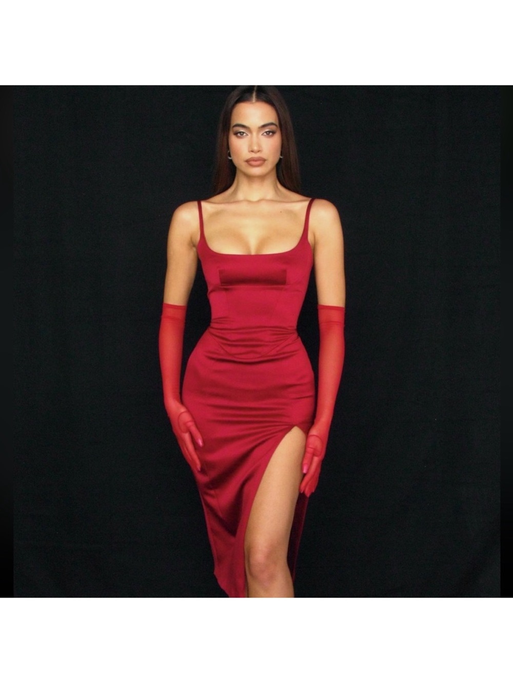 House of CB Cashmira Red Satin slit Midi Dress with Spaghetti Straps plus cup